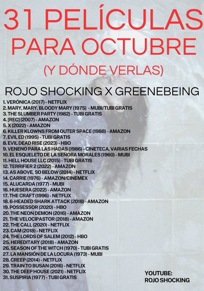 Amistades. Para que vean 31 películas de terror, arrancando hoy que inicia Octubre,  les traemos, el colaboración de la curaduría con <a href="/Greenebeingg/">carrotesque</a> una lista de películas (y dónde las pueden ver).

Un poco de todo, en todos lados. Casi en todas partes. Pa' la spooky season.