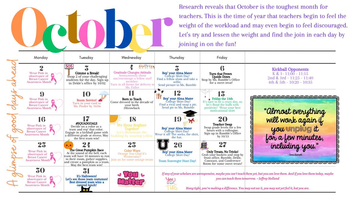 Marie Rumble (@rumble_marie) on Twitter photo Did you know October is known as the “burn out” month for teachers? As leaders, <a href="/RPE_AP/">Shayla Dekle</a> and I are working hard to continue to lift spirits, inspire, and motivate. October is “Unity is Strength” month at <a href="/RPEMuseummagnet/">Royal Palm STEM Museum Magnet School</a>. @BcpsCentral_ #PBIS #fightingthoseblues #OneTeamOneDream Did you know October is known as the “burn out” month for teachers? As leaders, <a href="/RPE_AP/">Shayla Dekle</a> and I are working hard to continue to lift spirits, inspire, and motivate. October is “Unity is Strength” month at <a href="/RPEMuseummagnet/">Royal Palm STEM Museum Magnet School</a>. @BcpsCentral_ #PBIS #fightingthoseblues #OneTeamOneDream