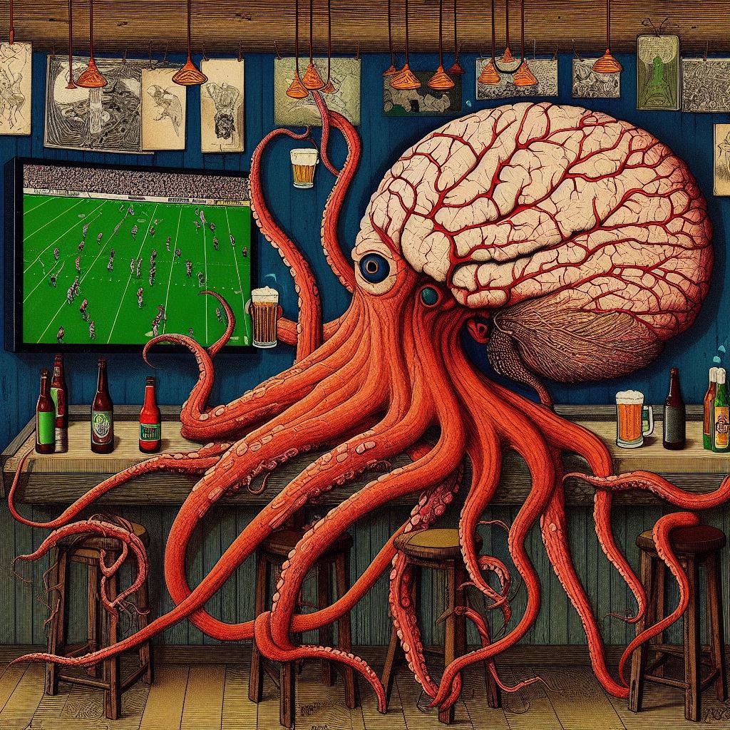 the nervous system of an octopus sitting at a bar drinking beer & watching a football game on TV, Katsushika Hokusai style #art #aiart #digitalart #aiartcomminity #aiartwork #aiartworks