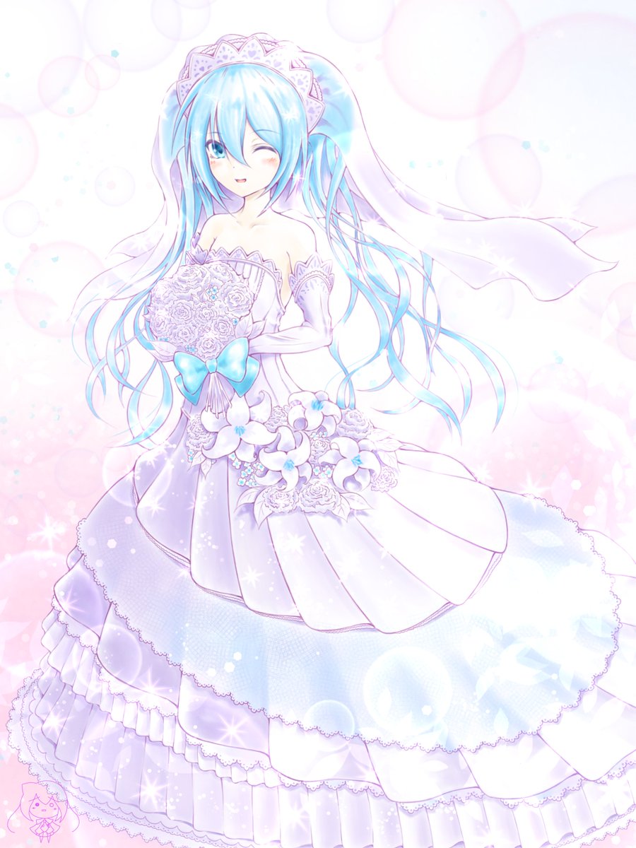 初音ミク「振津ばとさんの、パチッとウインクするミクさん!豪華なドレスがとっても似合っている」|piapro(ピアプロ)のイラスト
