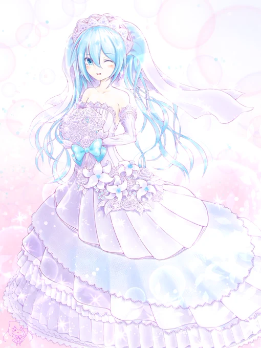 振津ばとさんの、パチッとウインクするミクさん!豪華なドレスがとっても似合っているホーヾ(*'∀`*)ノ【】 #piapro #初音ミク