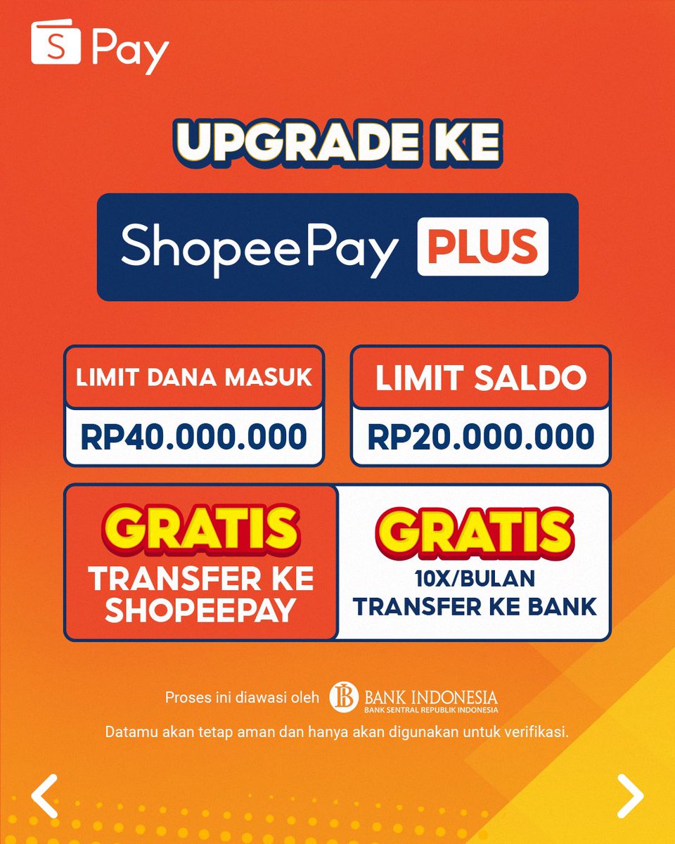 ShopeePay_ID's tweet photo. Upgrade akun ShopeePay kamu ke ShopeePay Plus!
Bisa transfer ke bank pakai BI-Fast proxy GRATIS tanpa batas dan beragam keuntungan lainnya. Yuk upgarde ke ShopeePay Plus, praktis juga 5 detik dan GRATIS!
#ShopeePay #ShopeePayPlus #TransferBankpakaiShopeePay https://t.co/52wKEiDPFA