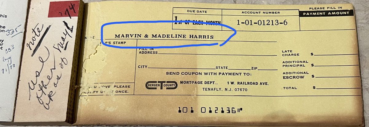One of the previous owners of my house was the famous anthropologist Marvin Harris. Today I found a fossil of him - an old mortgage book behind an old wall.