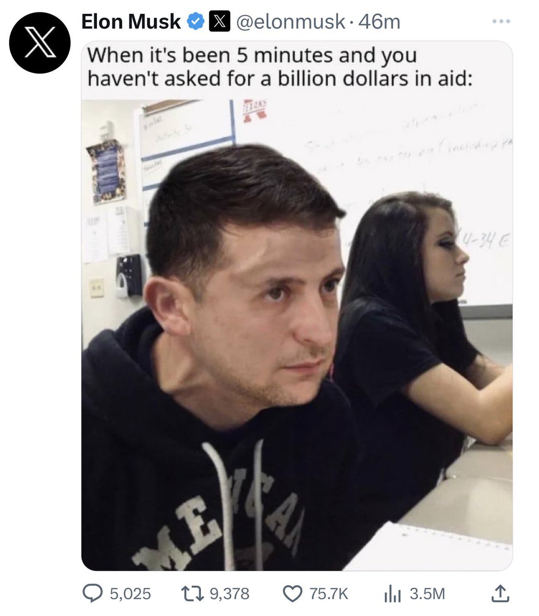 RealJakeBroe's tweet photo. President Zelensky is trying to put a stop to a genocide while defending his people in the largest land war in Europe since WW2 and the richest man in the world now mocks him when Elon’s companies only ever reached profitability thanks to government subsidies and taxpayer handouts.