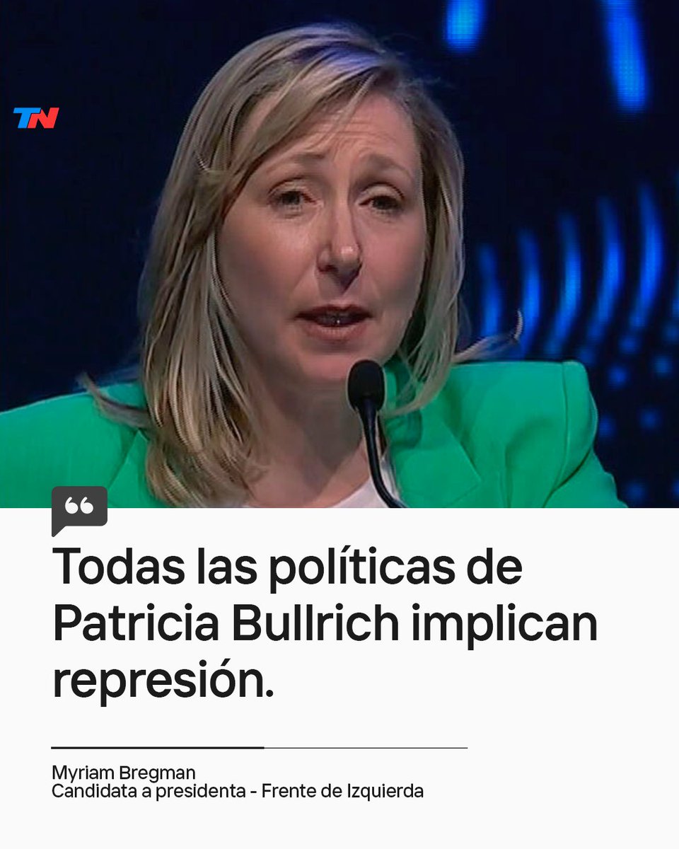 todonoticias's tweet photo. "¡Patricia Bullrich hablando de convivencia democrática!. ¿Y Santiago Maldonado?" | Myriam Bregman - Frente de Izquierda #Debate2023 #DebateTN https://t.co/Ey97xvHWiR https://t.co/nFP8inQesb