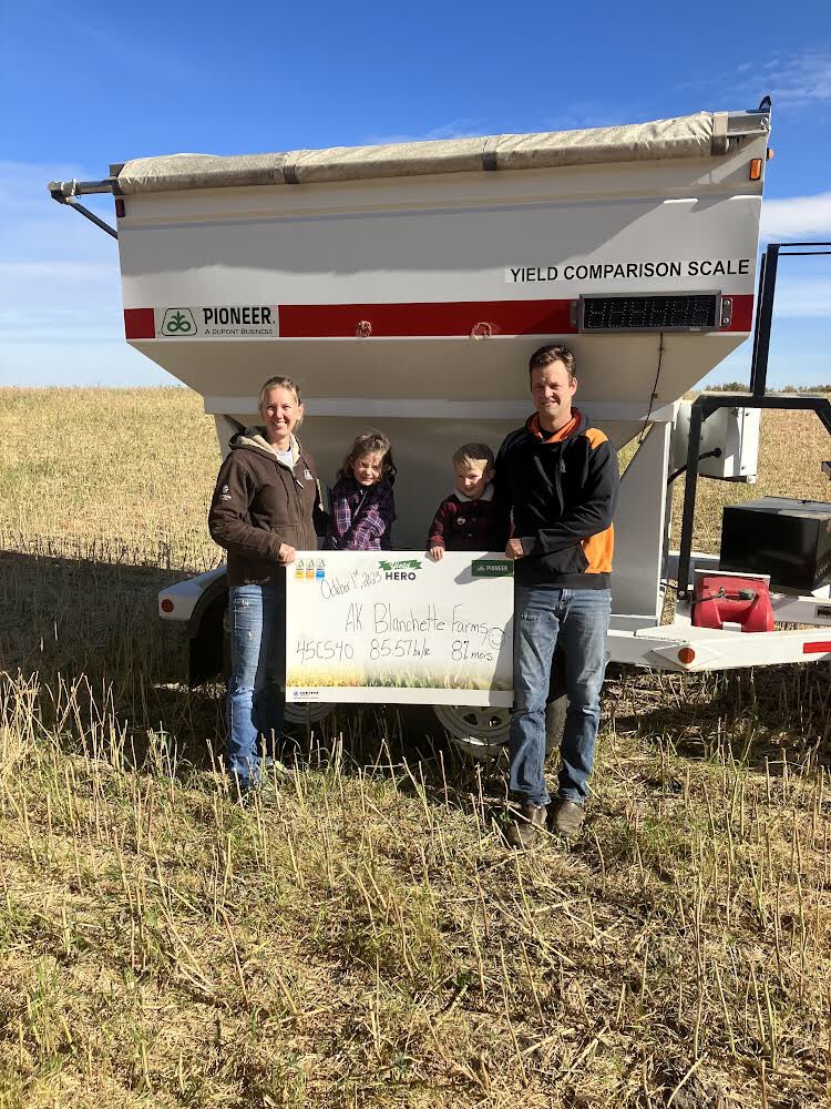 Congrats Blanchette Family on taking the lead in the Yield Hero 2023 race in the Peace Country!  Awesome crop!  Great weigh Marc Brochu!  #yieldhero23  <a href="/PioneerSeedsCA/">Pioneer Seeds Canada</a>