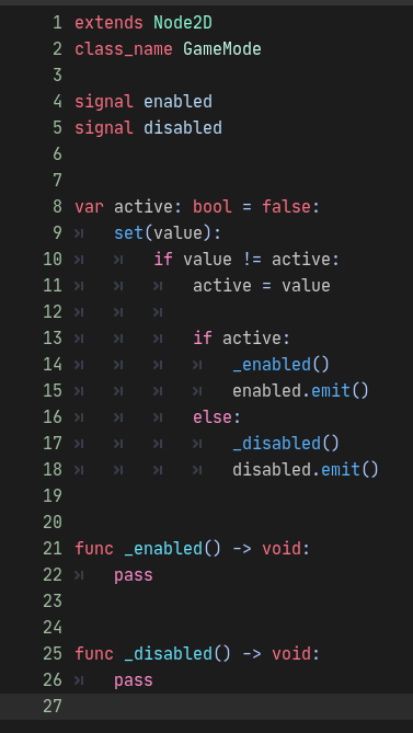 the_duriel's tweet image. #GodotTips #GodotEngine: While Autoloads can not be given a ClassName, they can still extend named classes. More of a funfact... but it can remove code duplication! I use autoloads for my various game states/modes, and that involves all of them having an enable/disable interface.