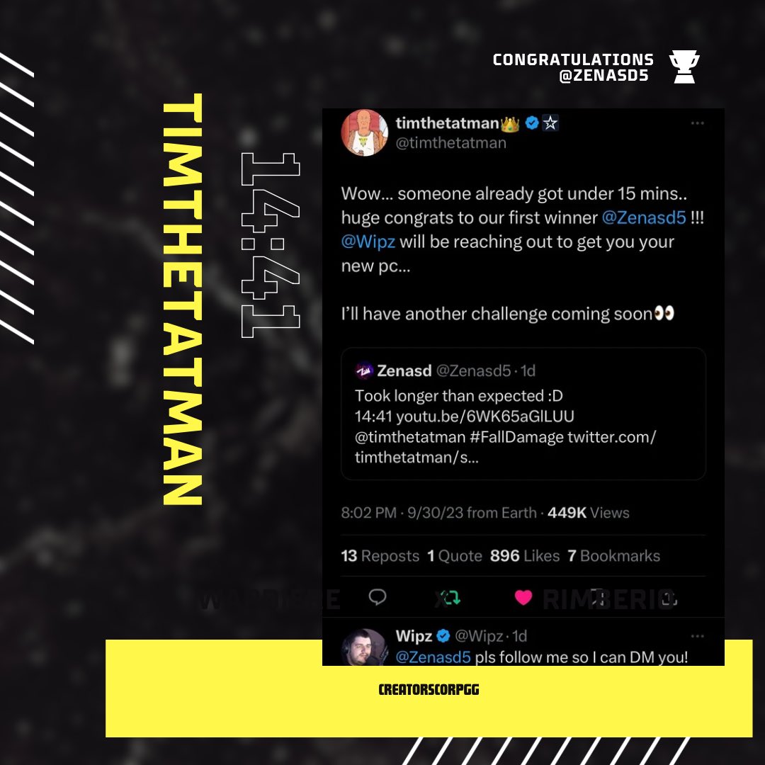 CreatorsCorpgg's tweet image. Congratulations @Zenasd5, you are the winner of @timthetatman’s 15 minute #falldamage challenge. 😱🏆

14:41 ⭐️