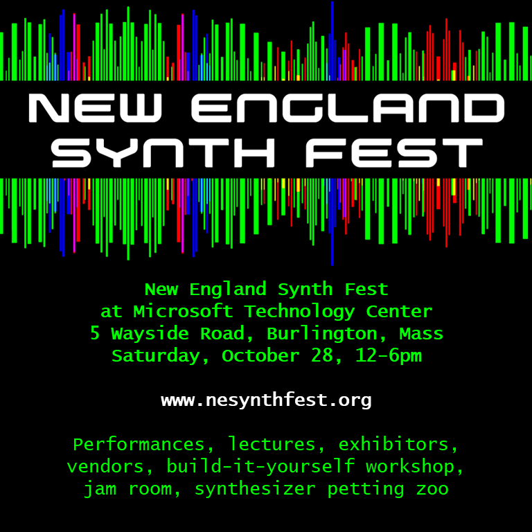 NESynthFest's tweet photo. Saturday, October 28, 12pm-6pm is our signature big event (at the Microsoft Technology Center, 5 Wayside Road, Burlington, Mass). We have six hours of performances, exhibitors, lectures, jam room, and petting zoo.  More information at https://t.co/tFPnY5lXpD https://t.co/LMXSvneLY4