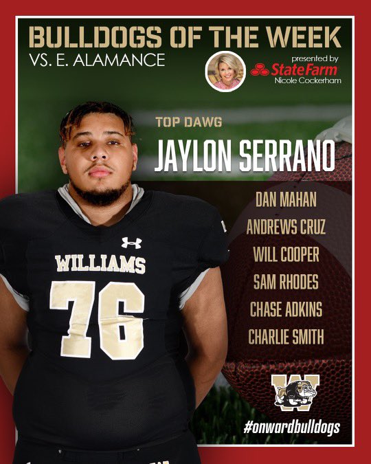Williams Football (@whsbulldogsfb) on Twitter photo Bulldog of the Week was a tough, tough choice for the committee! Lots of great plays that led to Victory!! Congratulations to all! <a href="/DawgAthletics/">Williams Athletics</a> <a href="/dawgs_bite/">WWHS Student Section</a> <a href="/BoosterWilliams/">WilliamsAthleticBoosterClub</a> <a href="/WMWHS/">Walter M Williams</a> <a href="/WHSDawgstrong/">WHS Strength and Performance</a> Bulldog of the Week was a tough, tough choice for the committee! Lots of great plays that led to Victory!! Congratulations to all! <a href="/DawgAthletics/">Williams Athletics</a> <a href="/dawgs_bite/">WWHS Student Section</a> <a href="/BoosterWilliams/">WilliamsAthleticBoosterClub</a> <a href="/WMWHS/">Walter M Williams</a> <a href="/WHSDawgstrong/">WHS Strength and Performance</a>