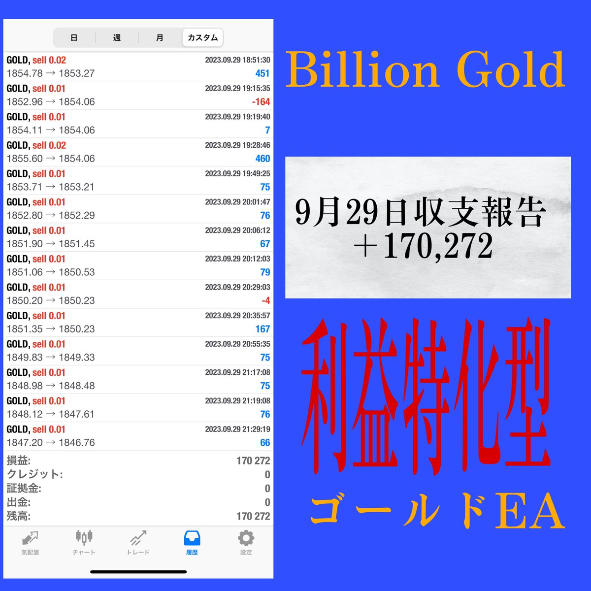 Bondo_fx_'s tweet photo. ⭐️利益特化型EA   
👑Billion Bold👑
✨9月29日収支報告✨

＋✨ 170,272円✨

詳細は下記リンクより
https://t.co/PQ9xpVU7RK

#FX
#FX初心者 
#副業
#副業探してます
#EA
#毎日収支報告
#BillionGold https://t.co/Z6ys5Qr1Fg