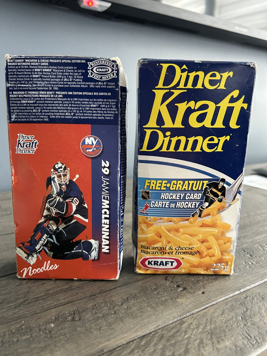 A post-script to our #KraftHockeyville game today: in 1994, @jamiemclennan29 (nicknamed “Noodles” because he made Kraft Dinner in a crockpot on the bus while playing junior) was one of the NHL players featured by Kraft on boxes of KD. That’s the Mount Everest of endorsements.