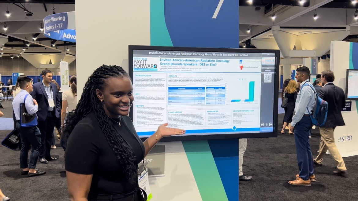 DrMcClellandLab's tweet photo. Very proud of lab members giving their presentations today at #ASTRO23. Pictured: Ify Ekpunobi (@CWRUSOM MS3) and Dr. Teresa Easwaran (PGY5) giving poster presentations, and Dr. Eric Chen (PGY5) giving a platform presentation. More to come tomorrow! 
#DEI #RepresentationMatters https://t.co/pjfxT0Ee6O