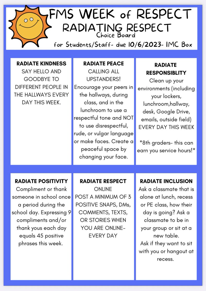 The state of NJ recognizes the first week of October as Respect Week! 

FMS will be supporting this initiative with daily themes, lessons, and a choice board challenge!

FMS is ready to Radiate RESPECT! <a href="/PrincipalFMS_NJ/">Michael Lauricella</a> <a href="/MontvaleSchools/">Montvale Schools</a>