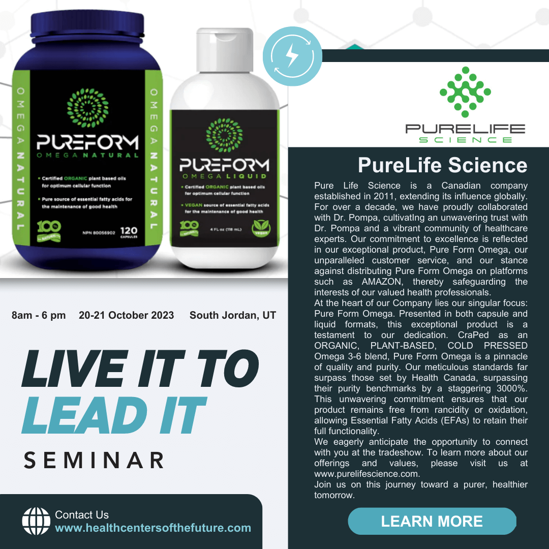 Pure Life Science is excited to be participating at Live It to Lead It, Oct 20-21, 2023 in Utah.  Elevate your HealthCare Practice with Proven Strategies, Business Growth &amp; Work-Life Harmony in 2 days with Dr. Dan Pompa &amp; others! Register at
healthcentersofthefuture.com/live-it-to-lea… <a href="/HCFSeminars/">HCF</a>