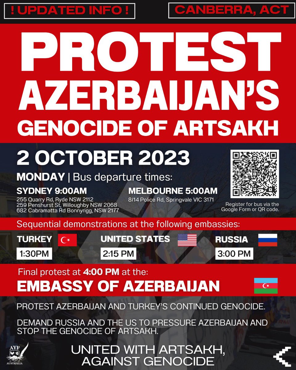 Australian Armenians are gathering in the nations capital, Canberra to protest Azerbaijan’s Genocide of Artsakh.

1:30PM first protest will commence at the Turkish Embassy.

Followed by protests at USA &amp; Russia.

Protests will conclude at the Embassy of Azerbaijan at 4PM.