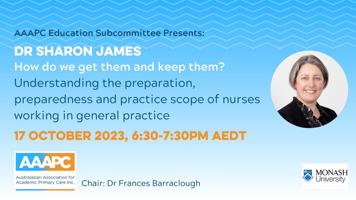 📝Registrations are open for our next webinar! On Tue 17 October, 6.30pm AEDT, we will welcome @Sharon_MJames from @MonashUni to talk about nurses in general practice. 'How do we get them and keep them?' Register here: unimelb.zoom.us/webinar/regist… Don't miss out!