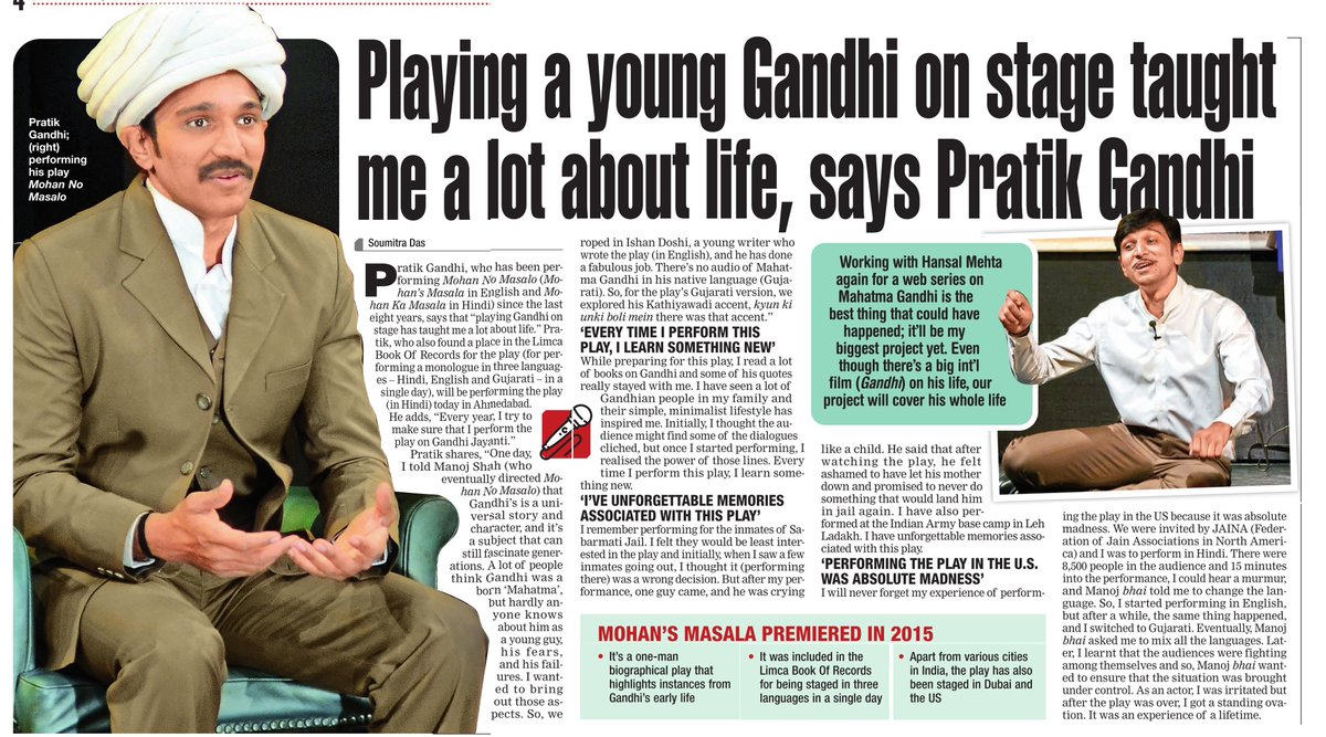 AhmedabadTimes's tweet photo. On #GandhiJayanti, #PratikGandhi talks about his experiences while playing #Gandhi on stage in the play #MohanNoMasalo and his upcoming web series on the Father of the Nation, helmed by @mehtahansal.
@pratikg80

Read: https://t.co/P6c4pfOfoY https://t.co/wb6XBN1ZEL