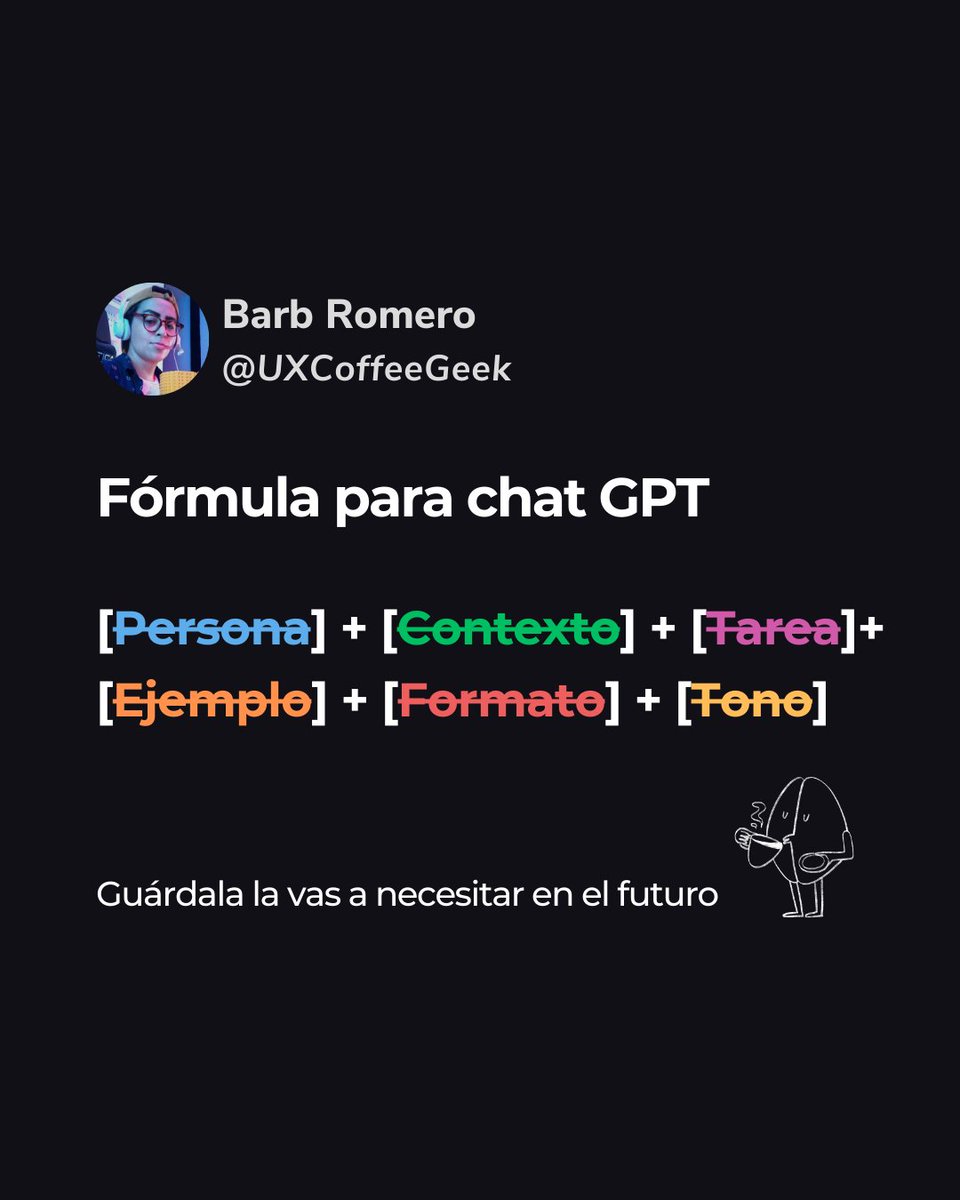 Fórmula perfecta para dialogar con #chatGPT. Qué es y por qué es importante que sepas crear un prompt #ia #inteligenciaartificial #prompt 

Post completo aquí: instagram.com/uxcoffeegeek/

Newsletter acá:
lnkd.in/gKnKwN9W