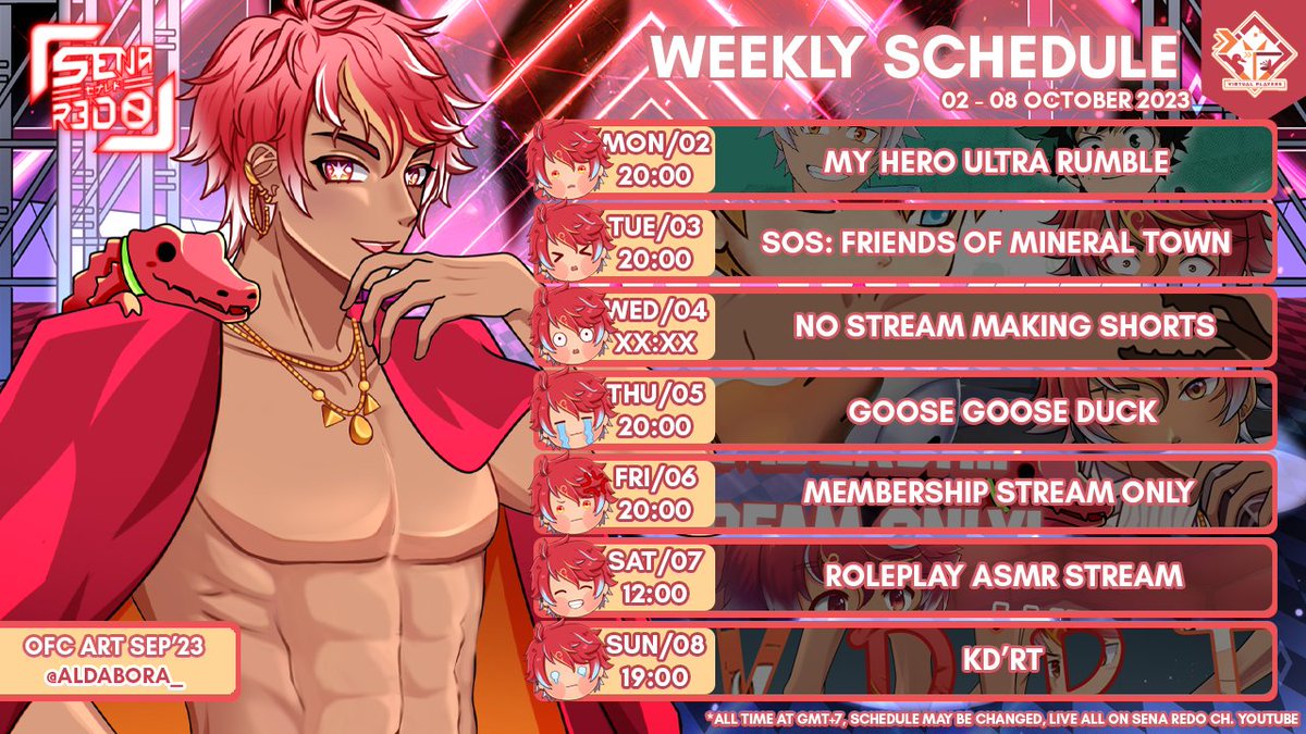 SenaRedo's tweet photo. Your Virtual Gaming Character Weekly schedule 02 - 08 Oktober 2023!
Schedule may be changed https://t.co/FvoeD0Zq5W
Tags
General: #SenaRedo
FanArt: #SenaRedoArt
Meme: #SenaRedoMeme
Podcast: #Redshow
Debat: #KDRT
Viewers: #Redoers #Buayawantachi
Oshimark: 🐊🥚
#Vtubers https://t.co/OIuTjCNxiV