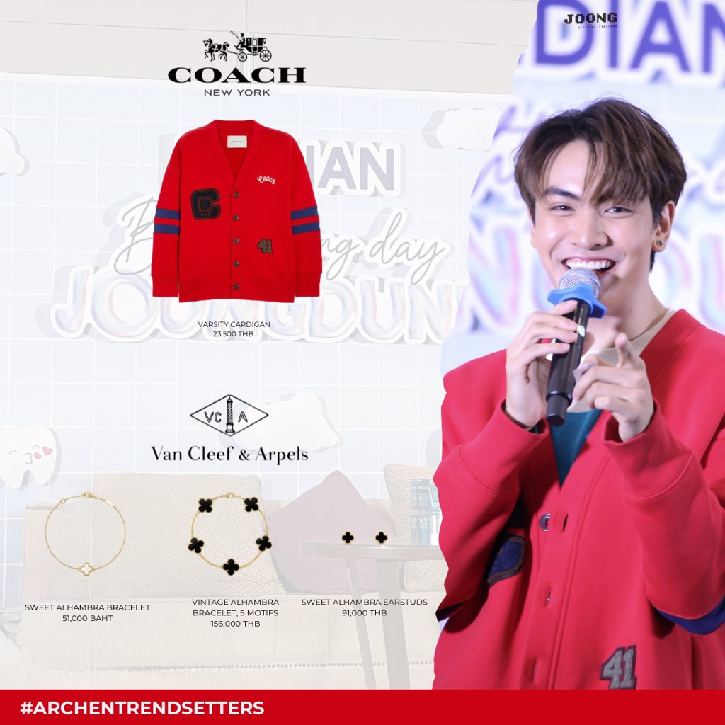 👕@Coach Varsity Cardigan
23,500 THB

@vancleefarpels 
📿Sweet Alhambra bracelet
51,000 baht
📿Vintage Alhambra bracelet, 5 motifs 
156,000 THB
📿Sweet Alhambra earstuds
91,000 THB
 #MedianXJoongDunk

📷 @JoongOfficialTH 

#จุงอาเชน @ChenRcj #Archentrendsetters