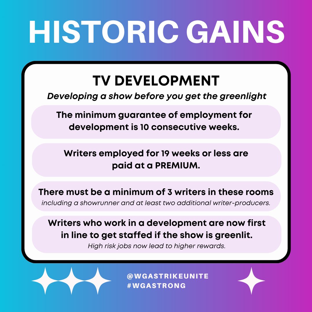 Want to better understand the many gains made across a wide variety of different areas & pressing issues in the new @WGAEast @WGAWest 3 year contract before voting to ratify it this week? Dig into our Historic Gains Part 1 graphics! #WGAStrong #WGAStrike #UnionStrong (1/3)