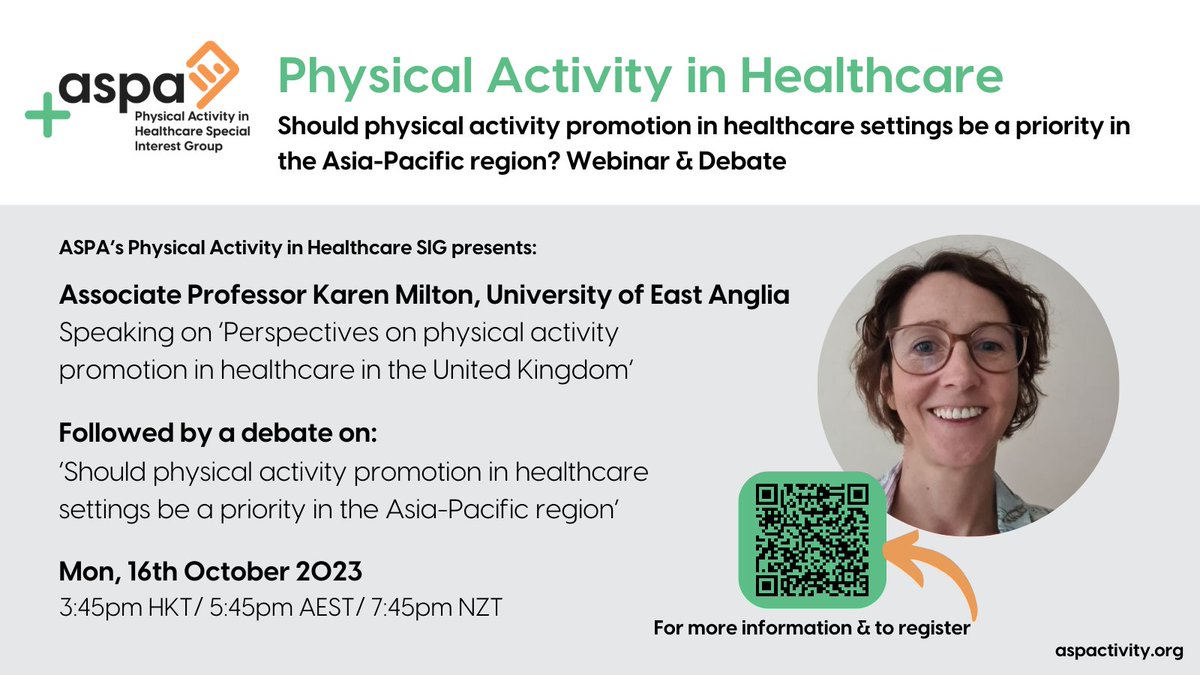 Asia-Pacific Society for Physical Activity (@aspactivity) on Twitter photo 2 weeks to go!
The PA in Healthcare SIG is hosting their first online event. Chaired by <a href="/sjaan_gl/">Sjaan Gomersall</a> two teams will face off to debate the debate the prioritisation of PA in healthcare settings in Asia-Pacific. Who will win?
Register to find out 👇 2 weeks to go!
The PA in Healthcare SIG is hosting their first online event. Chaired by <a href="/sjaan_gl/">Sjaan Gomersall</a> two teams will face off to debate the debate the prioritisation of PA in healthcare settings in Asia-Pacific. Who will win?
Register to find out 👇