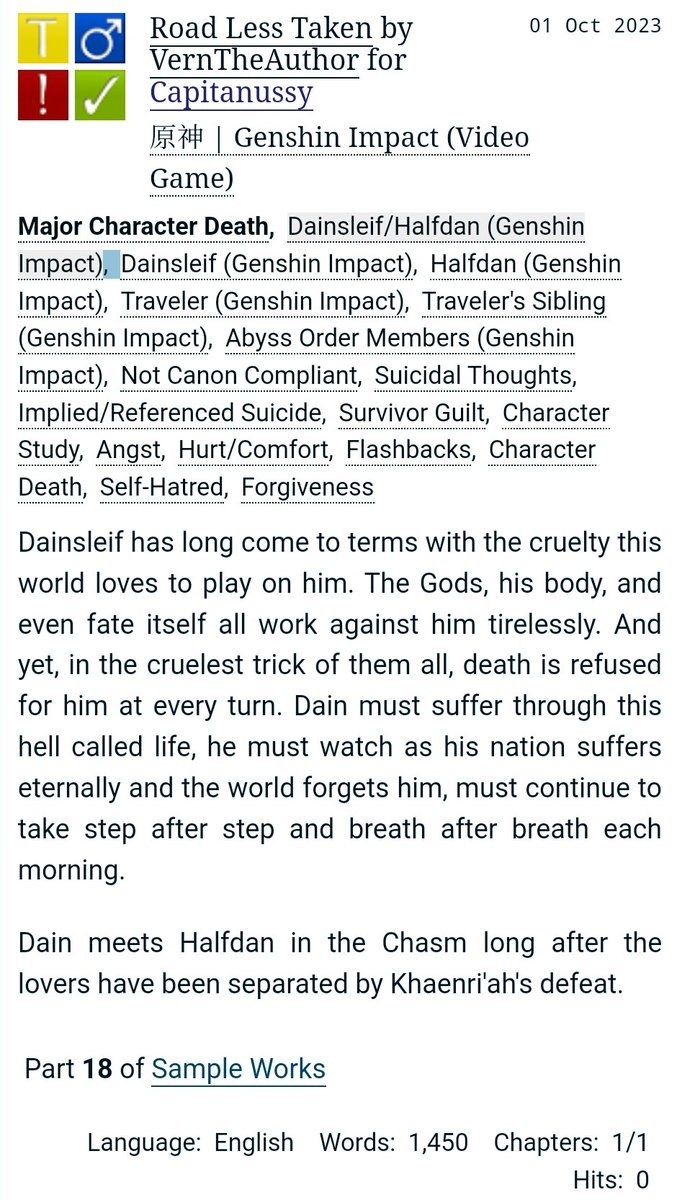 VernTheAuthor's tweet photo. "Road Less Taken" is a 1.4k #Halfdain MCD angst fic! #GenshinImpact
Special thanks to @Capitanussy for encouraging me to slam out this little snippet!
https://t.co/Ersi033Vkq https://t.co/2eFrHv6yI1
