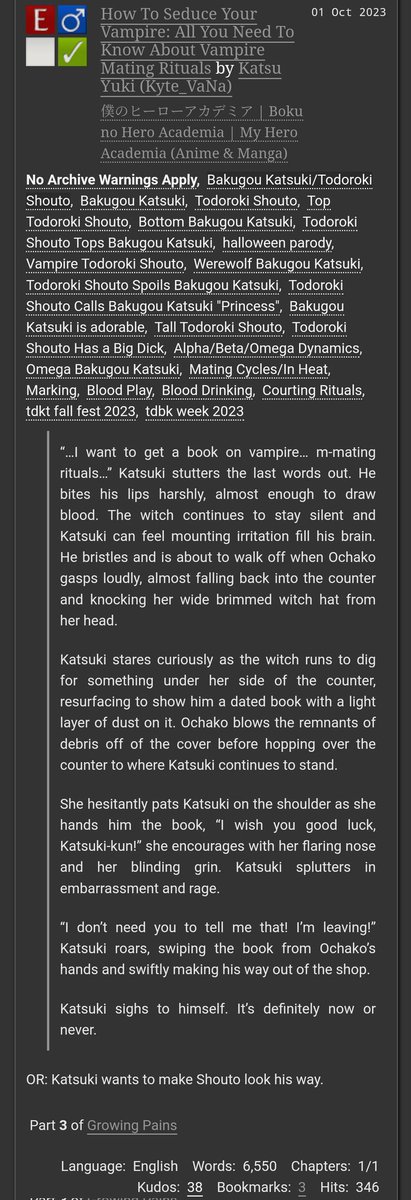 How To Seduce Your Vampire | NSFW | 🦇🐺 #Todobaku | #tdbkweek2023 | #todokatsfallfest2023 

Freshly matured wolf Katsuki wants vampire Shouto to know exactly how he's not a puppy anymore 🤭 

🔗 archiveofourown.org/works/50467951