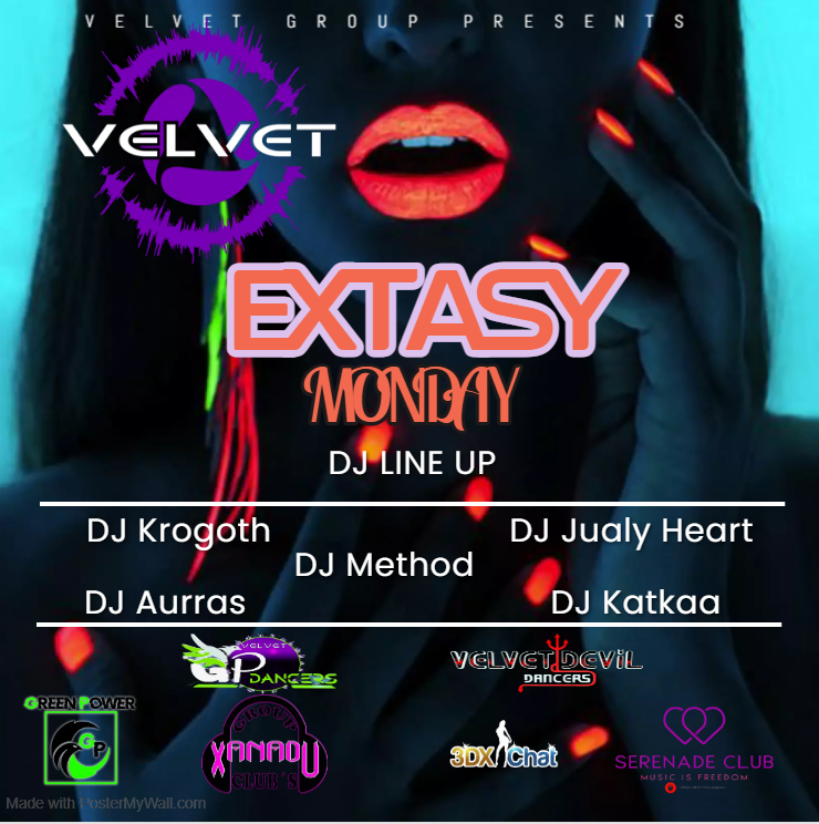 Extasy for Monday? 

why not? 6PM with Krogoth and all the way until the end of the night, Extasy of music can fill your ears 

and there will be also some shaking bums 

Monday 9 Oct 6PM CEST come to experience yourself - music and wiggling bums 

#3dxchatevent #3dxchat