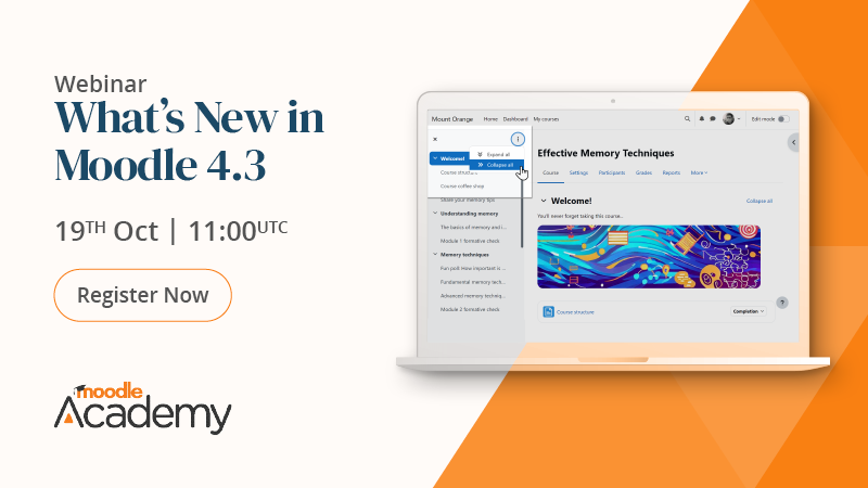 moodle's tweet image. On Thursday 19 October, at 11:00 UTC we are running a free webinar: "What's New in Moodle 4.3"! 🧡
Learn about the new features of Moodle 4.3 for administrators and teachers!
The link to register on Moodle Academy is: moodle.me/moodle43webinar
#MoodleLMS #EdTech #Moodle