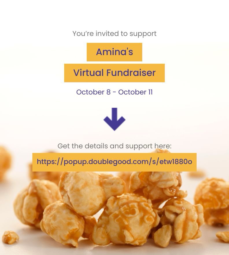 Amina_Marie's tweet photo. Hi! I’m doing a virtual fundraiser selling Double Good ultra-premium popcorn for 4 days from Saturday, Oct 7 - Wednesday, Oct 11. Get all the details and support here: https://t.co/bABjlXXuV3 https://t.co/qxfLJuiFmz