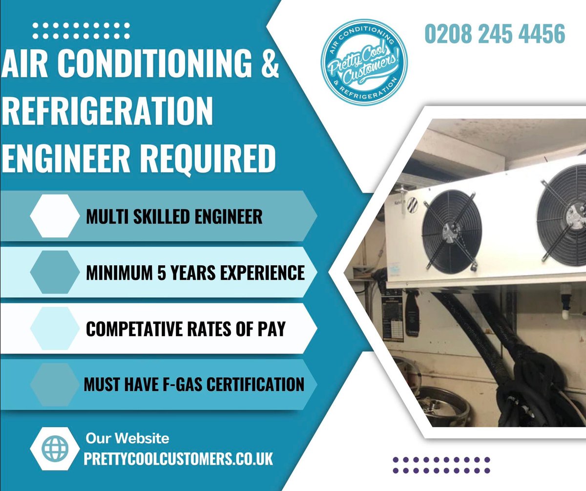 coolcustomers's tweet photo. ❄️🔧 Join Pretty Cool Customers as a Refrigeration and Air Conditioning Engineer! ❄️

📩 To apply, send your CV and cover letter to office@prettycoolcustomers.co.uk https://t.co/Y7J5EPV0m9