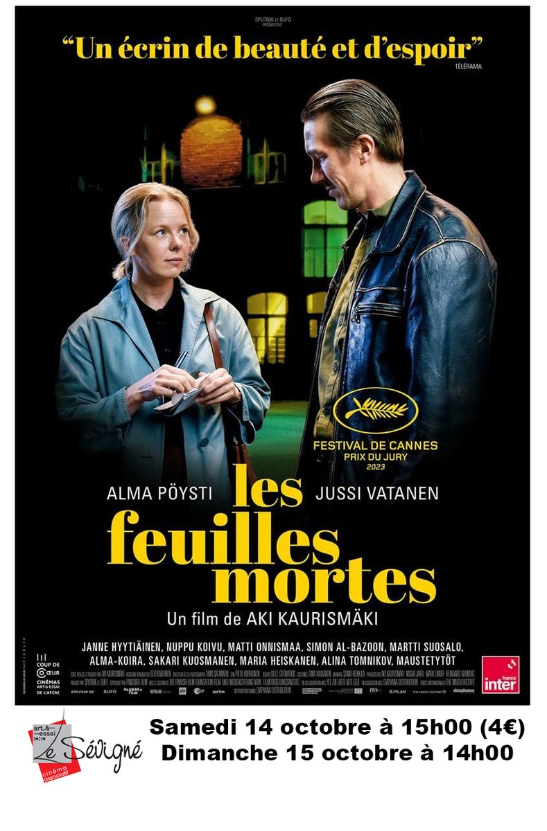 Samedi 14 octobre à 15h00 (4€) et dimanche 15 octobre à 14h00 au Cinéma Le Sévigné : 
LES FEUILLES MORTES – VO 
De Aki Kaurismaki 
Avec Alma Pöysti, Jussi Vatanen, Janne Hyytiäinen
#lesevigne #Cinema #film #lesfeuillesmortes #Cannes2023 #AkiKaurismäki #almapöysti #jussivatanen