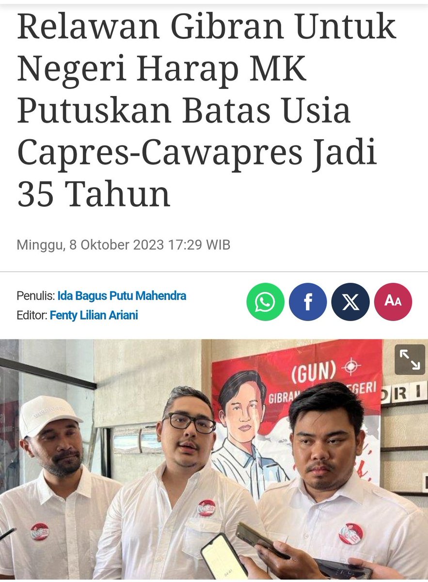Ada dua gugatan masuk MK terkait batasan usia Capres/Cawapres.

Pihak pertama ingin batas minimal usia Capres/Cawapres jadi 35 tahun. Sementara pihak ke dua ingin batas maksimal Capres/Cawapres 70 tahun.
Jika MK mau adil, tolak keduanya atau kabulkan dua² nya.

Kalian setuju