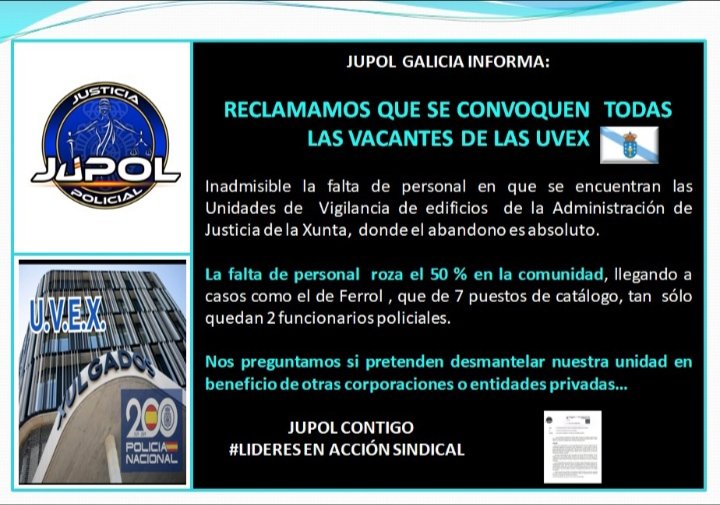 Exigimos la publicación de todas las vacantes existentes en la UVEX.

La falta de personal roza el 
50% , el 80% en algunos casos como Ferrol

La JSPG y la Xunta de Galicia deben de mojarse.

#NoaldesmantelamientodelasUVEX
#jupolcontigo
#lideresenaccionsindical
#EquiparacionYa