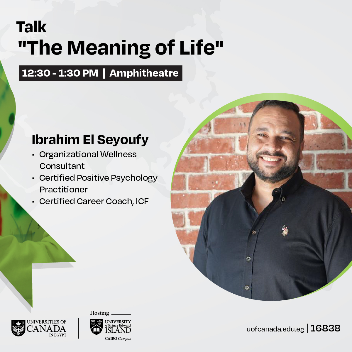 We're not only prioritizing our mental health this World Mental Health Day, we're prioritizing it every day. 

Attend our talk given by Certified Positive Psychology Practitioner, Ibrahim El Seyoufy, at the Amphitheatre at 12:30 PM.

See you there!

#UofCanada | #UPEICairoCampus