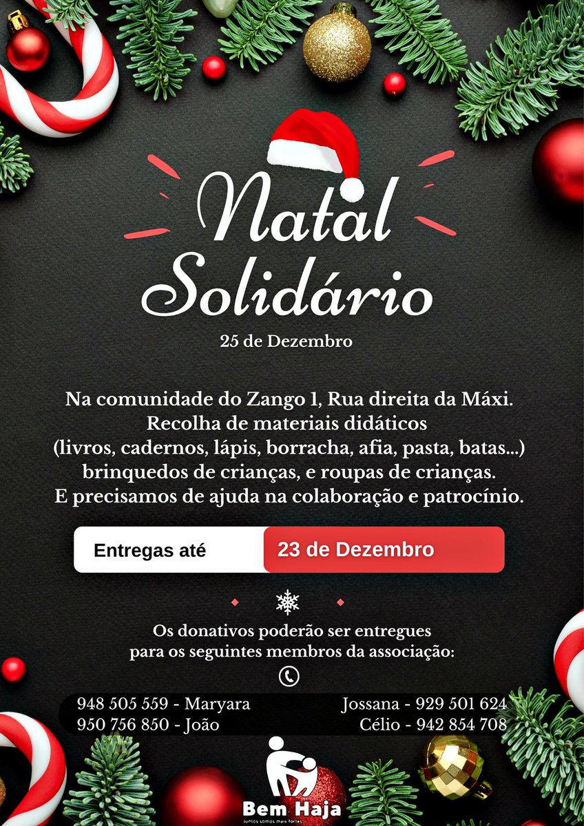 A_bemhaja's tweet photo. *NATAL SOLIDÁRIO*
25 DE DEZEMBRO 
Na comunidade do Zango 1, rua direita da Maxi. 
Recolha de materiais didáticos (livros, cadernos, lápis, borracha, afia, pasta, batas...) 
Brinquedos de crianças e roupas de crianças. 
E precisamos de ajuda na colaboração e patrocínio. https://t.co/VI3Vg65cpW