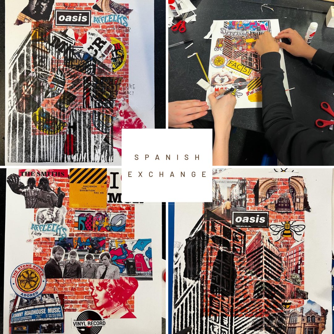 LoretoArt's tweet photo. Year 10 and 11 Spanish exchange art project: Manchester collage and print-making inspired by Charlie Holt! 

Pupils worked together to create fantastic multi-media pieces and learnt about Manchester’s culture! https://t.co/A8Qot8tZxS