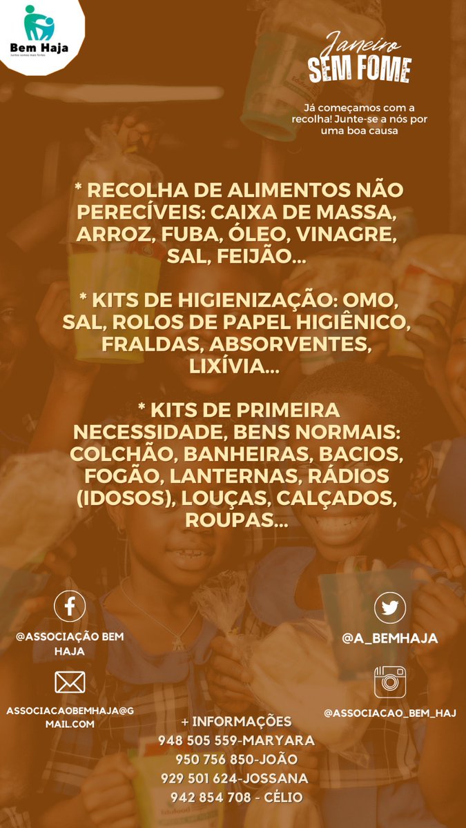 A_bemhaja's tweet photo. *JANEIRO SEM FOME*
PRIMEIRA QUIZENA DE JANEIRO 

NA COMUNIDADE DO ZANGO 1
•RECOLHA DE ALIMENTOS NÃO PERECÍVEIS
•KIT DE HIGIENIZAÇÃO
•KIT DE PRIMEIRA NECESSIDADE

Já começamos com a recolha! 
Junte-se a nós por uma boa causa. 

Informações:
948505559
935517436
929501624 https://t.co/QSmDD6lstx