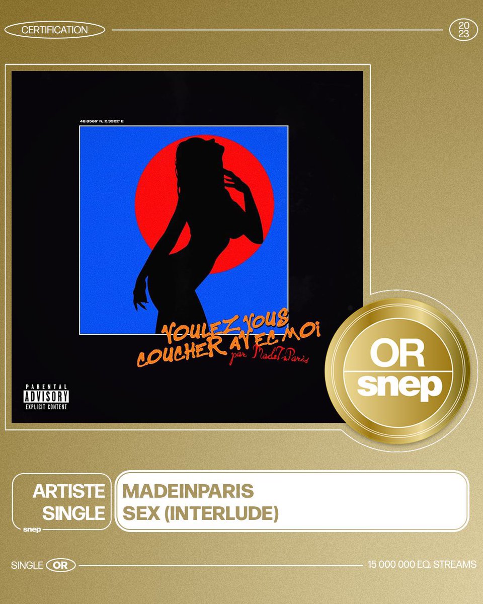 Le titre « Sex (interlude) » de <a href="/madeinparis75x/">MadeIn🅿️</a> est certifié single d’or 📀