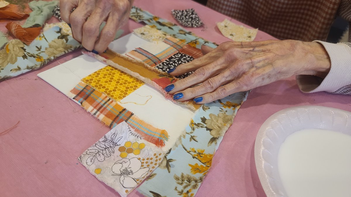 VioletSpringsHC's tweet photo. What do you do with fabric scraps? Make canvas art with them! Our #BFFs enjoy creating Fall art with any material around 🌻 🍁 #LegacyBFF #TrilogyLiving https://t.co/DogmcsXZFN