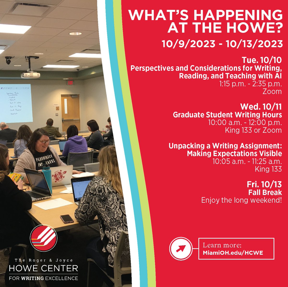HCWEMiami's tweet photo. Fall Break might be just around the corner, but we have a busy week of workshops and graduate writing hours this week! Put in the work now so you can rest up over the long weekend.
#HCWE #HWCMiami #MiamiOH https://t.co/JSrxWXEGId