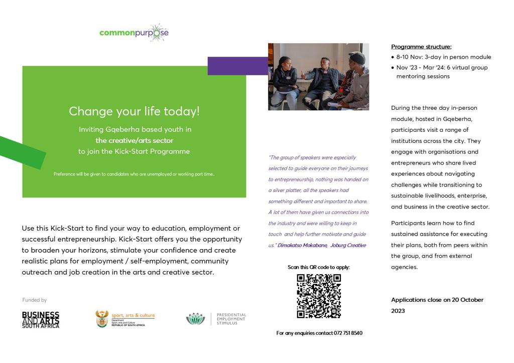 Common Purpose ZA (@commonpurposeza) on Twitter photo Gqeberha you are up next.... Applications for our Kick-Start Programme for young people in the creative Arts have opened.
Apply here: commonpurpose.formstack.com/forms/kick_sta…
Email : info@commonpurpose.org.za
WhatsApp: 072 751 8540
@AlgoaFm <a href="/theherald/">theherald</a>, @nelsonMandelaBay <a href="/cityofgqeberha/">CityOfGqeberha</a> Gqeberha you are up next.... Applications for our Kick-Start Programme for young people in the creative Arts have opened.
Apply here: commonpurpose.formstack.com/forms/kick_sta…
Email : info@commonpurpose.org.za
WhatsApp: 072 751 8540
@AlgoaFm <a href="/theherald/">theherald</a>, @nelsonMandelaBay <a href="/cityofgqeberha/">CityOfGqeberha</a>