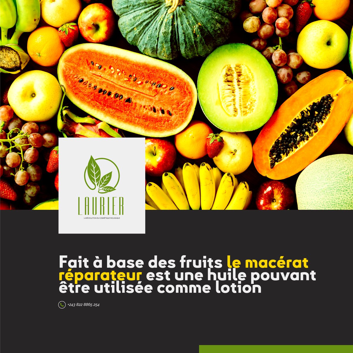 #TeamLaurierKin, poduit à base des fruits, le macérat réparateur est une huile nourrissante et pleine de vitamines qui nourrit la peau, l'hydrate et redonne de l'éclat au teint.
