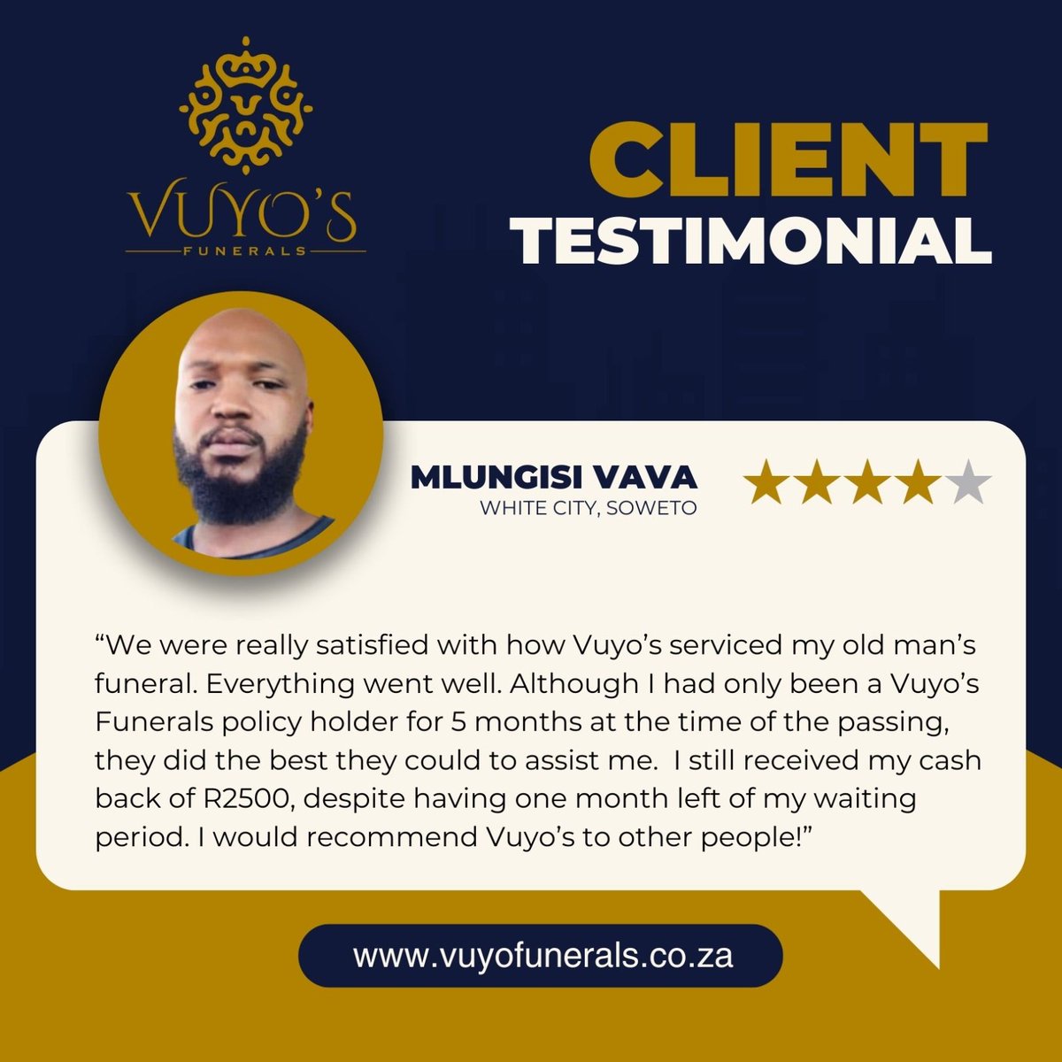 Talk to us today, our friendly and compassionate teams are always happy to assist. Let us be there for you when it matters the most.

Call us today on 011 936 8421.

#VuyosFunerals 
#ServingWithCompassion
#HeartMatters
#ServingWithPride
#DignityandRespect