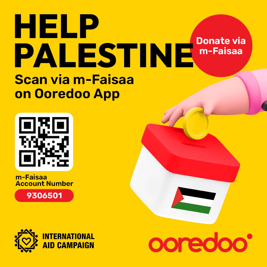 ✨HELP PALESTINE 🇵🇸

You can now donate via #mFaisaa to help Palestine!

To donate via m-Faisaa
1️⃣ Log in to #mFaisaa via Ooredoo App: ore.do/mf
2️⃣ Select Smart Pay &amp; Scan QR or enter Merchant number
3️⃣ Enter Amount &amp; confirm payment
#HelpPalestine #PalestineAaiEku