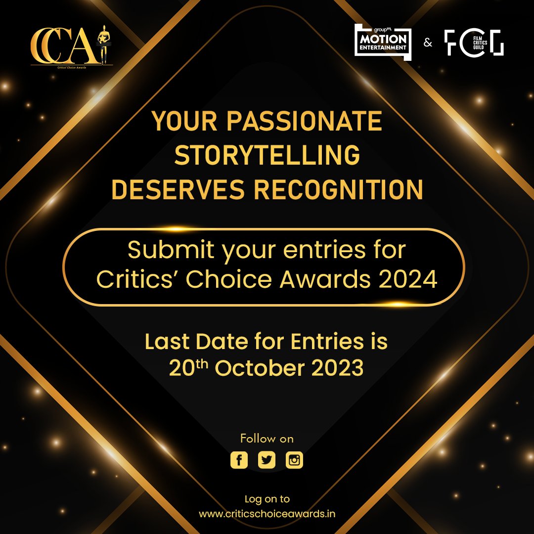 theFCGofficial's tweet photo. Put your passion and hard work on a pedestal🏆! It's time to get your short film recognized by the finest Critics.
Submit your short film for evaluation in the 6th Season of #CCA
Click here- https://t.co/dPfoikRERo
#CCA @theFCGofficial #GroupMMotionEntertainment @groupm_motion https://t.co/jirosfuOs8