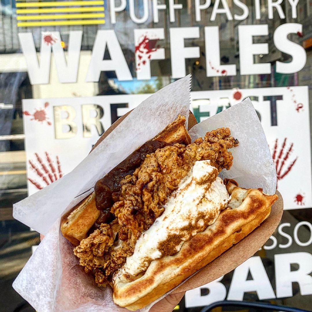 IRONCVILLE's tweet photo. If you haven't tried our Jack O' Lantern paffle, what you waiting for? 😋

This paffle gets you in the spooky mood with pumpkin butter smothered crispy chicken or tofu. 

Grab a friend and stop by this week! 🎃 https://t.co/1igeob4oHl