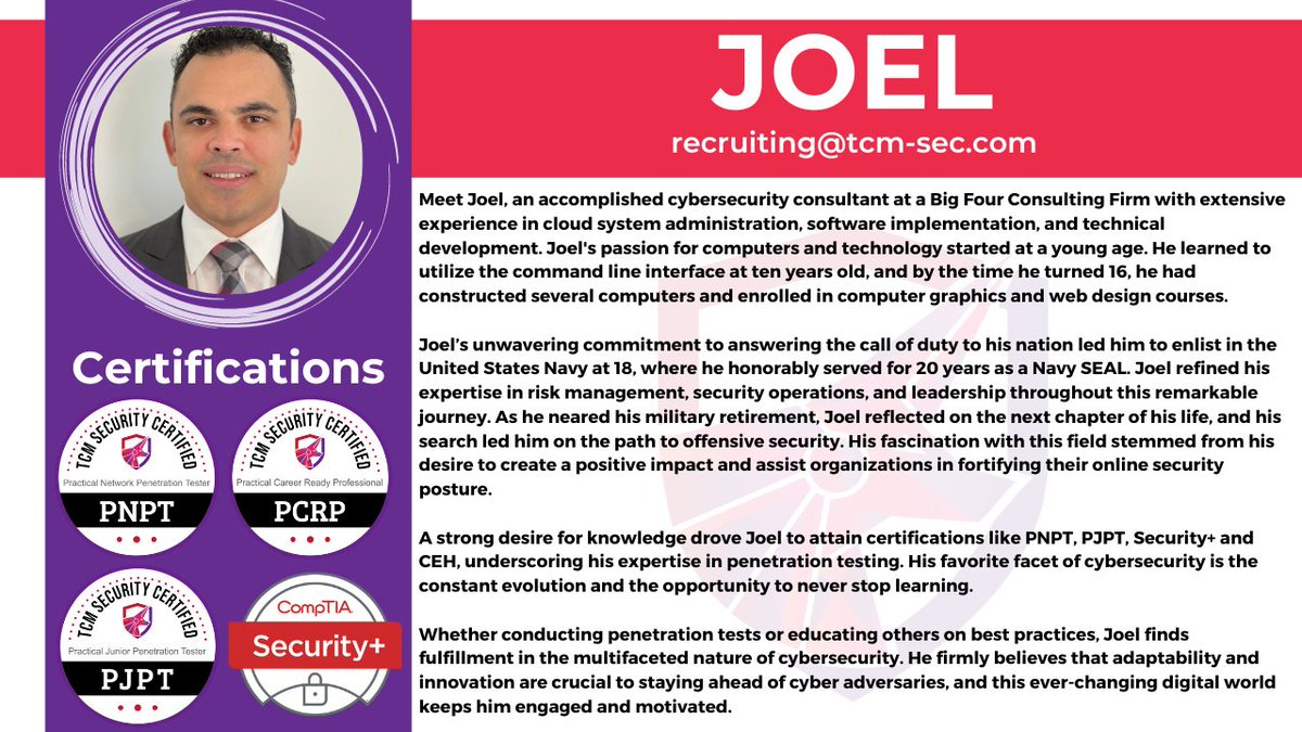 TCMSecurity's tweet image. Congratulations to Joel for passing the PCRP program! Everyone on the PCRP team is incredibly impressed by your journey and how you knocked the Mock Interview out of the park! Joel is ready to start his career as a Pentester and we couldn't be more excited for him!